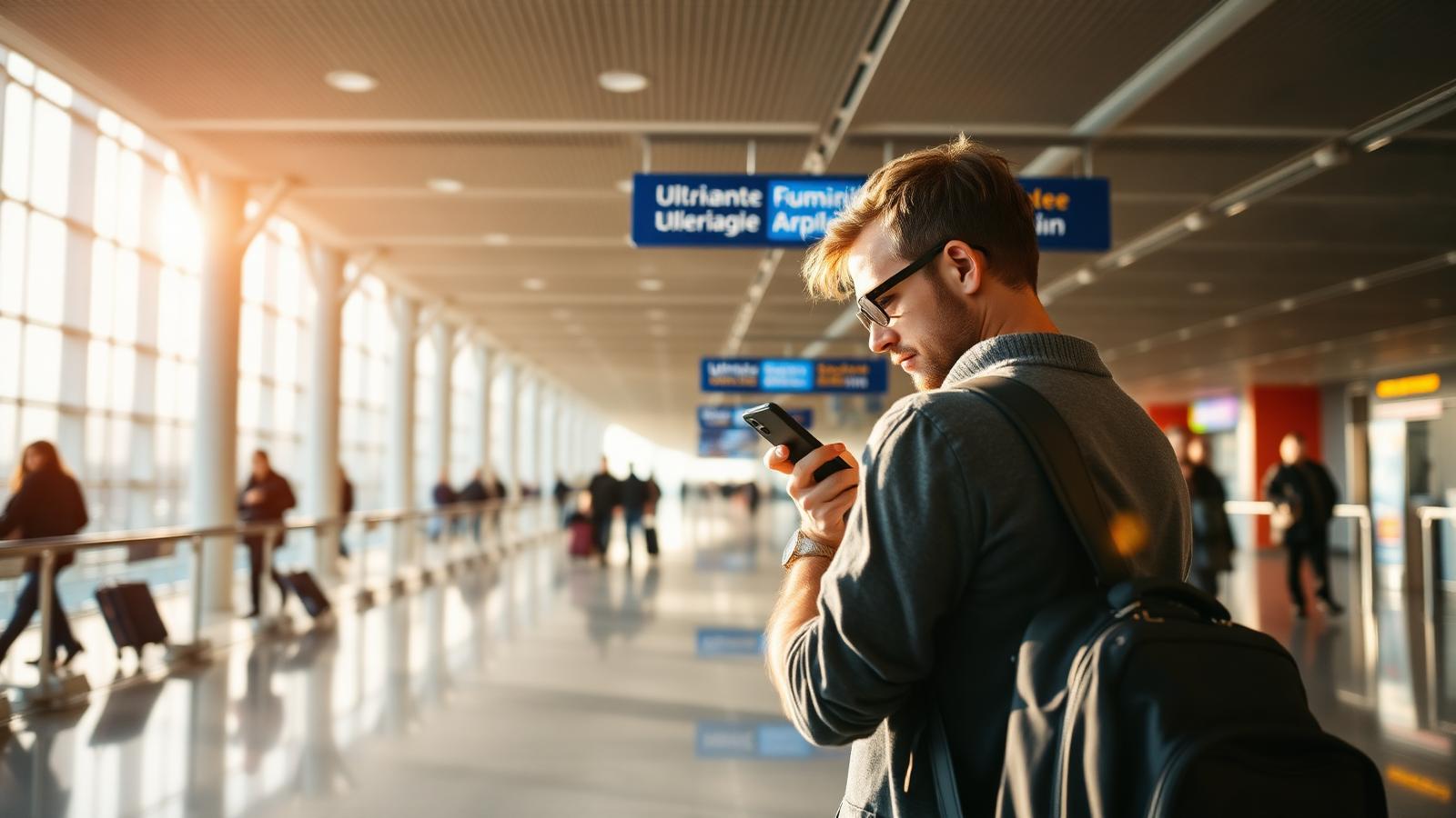 Viaggiatore accanto al bagaglio in aeroporto, guarda lo smartphone